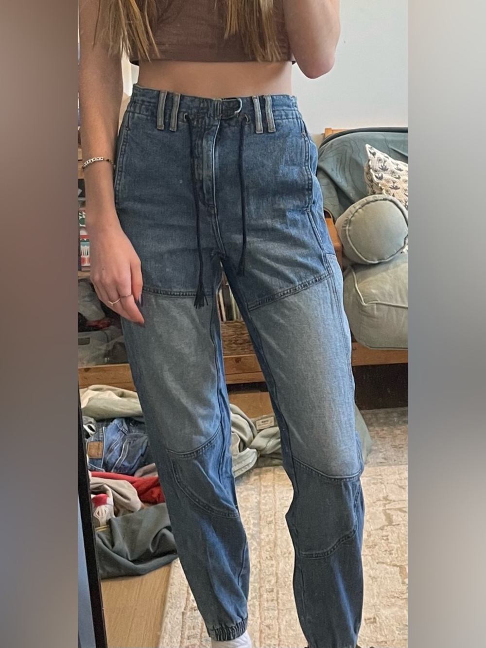 Blue Patchwork Denim Jogger Jeans